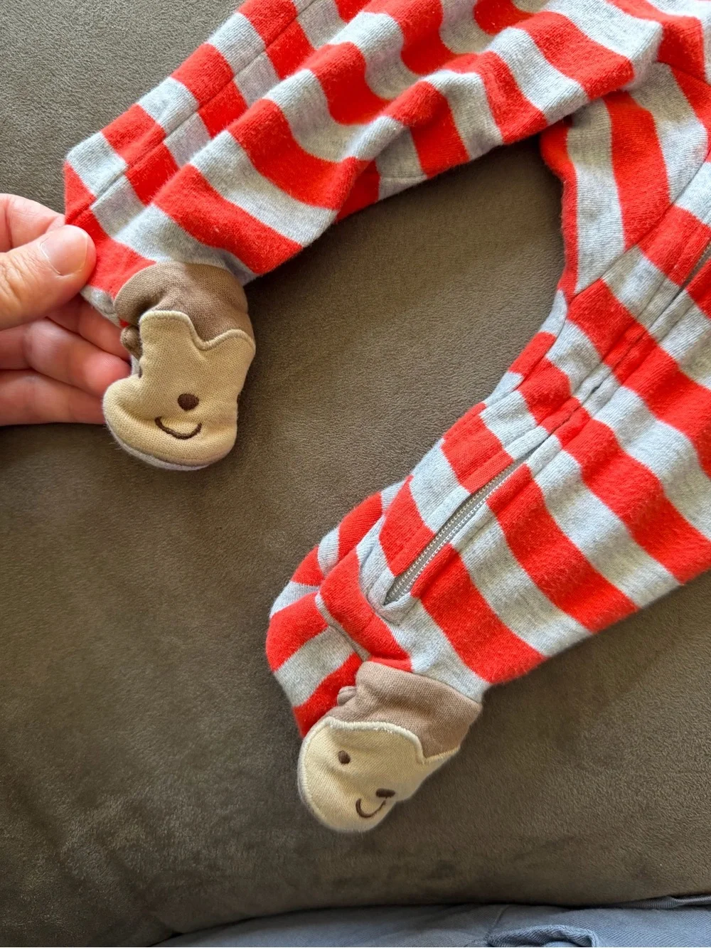 Carters Just One You Striped Red and Gray Plush Footie with Monkey Accent